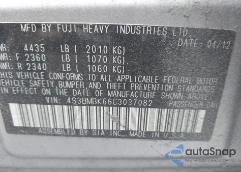 2012 Subaru Legacy 2.5I Limited from USA, damaged, VIN 4S3BMBK66C3037082